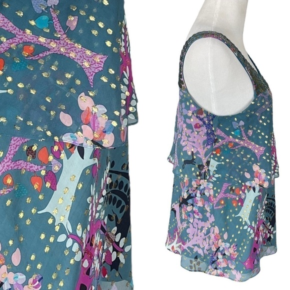 TIBI New York Silk Metallic Gold Teal Rabbit Woodland Forest Sleeveless Blouse 2 - Picture 5 of 15